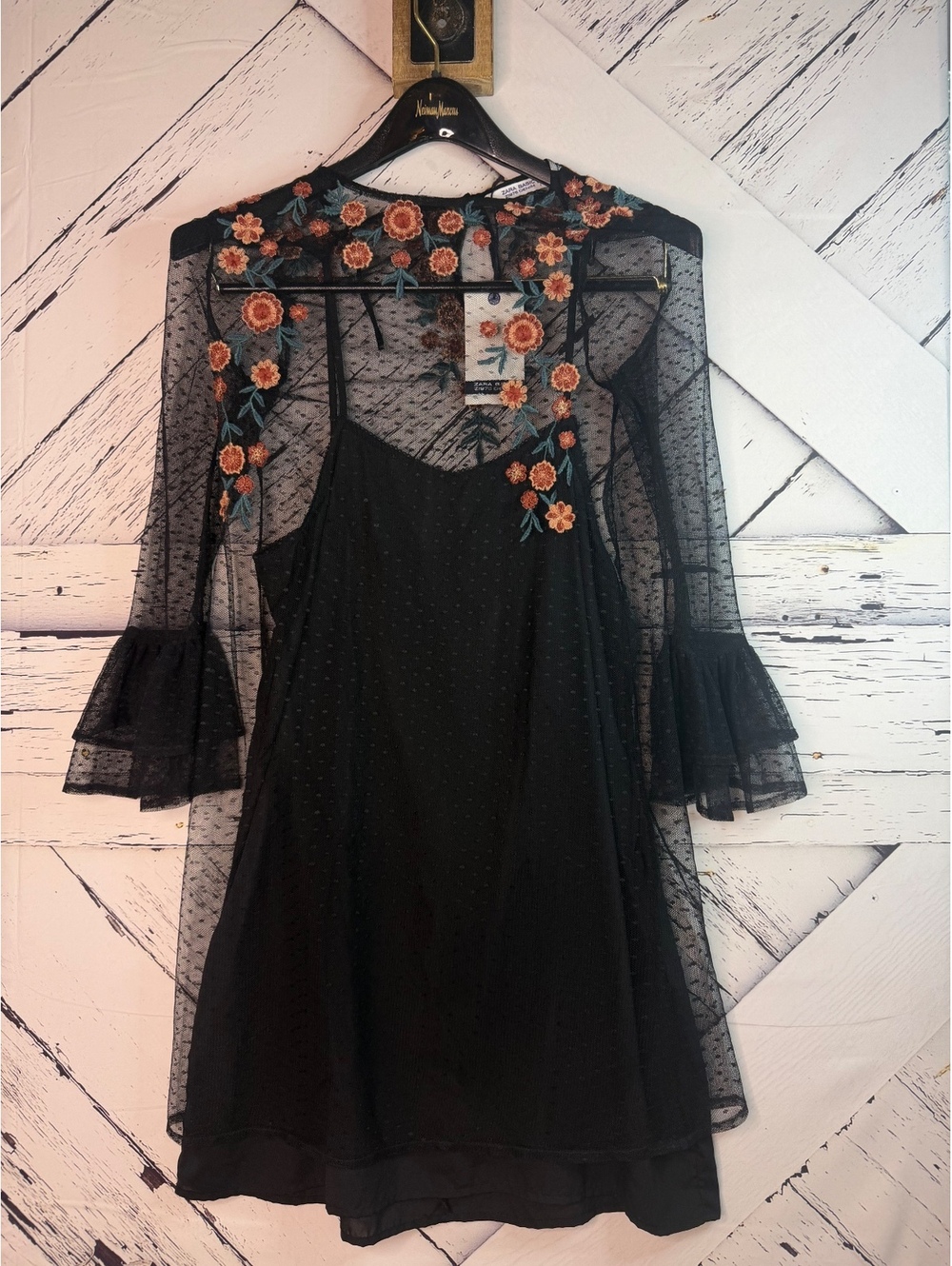 Zara Boho Fairy Goth Embroidered Mesh Dobby Ruffled Mini Dress Womenโs Small NWT